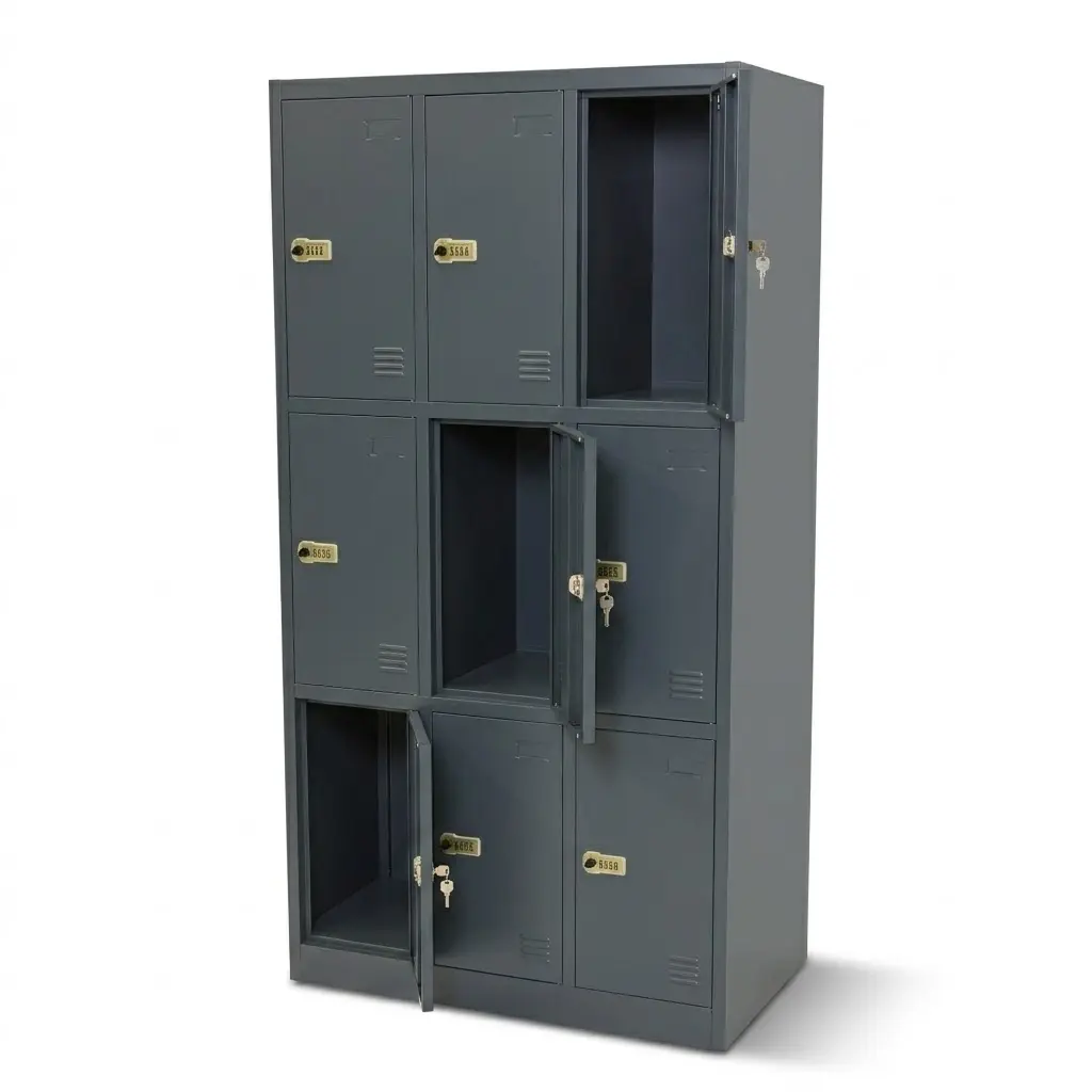 Flatpack 9 deurs locker schuin aanzicht open deuren.webp