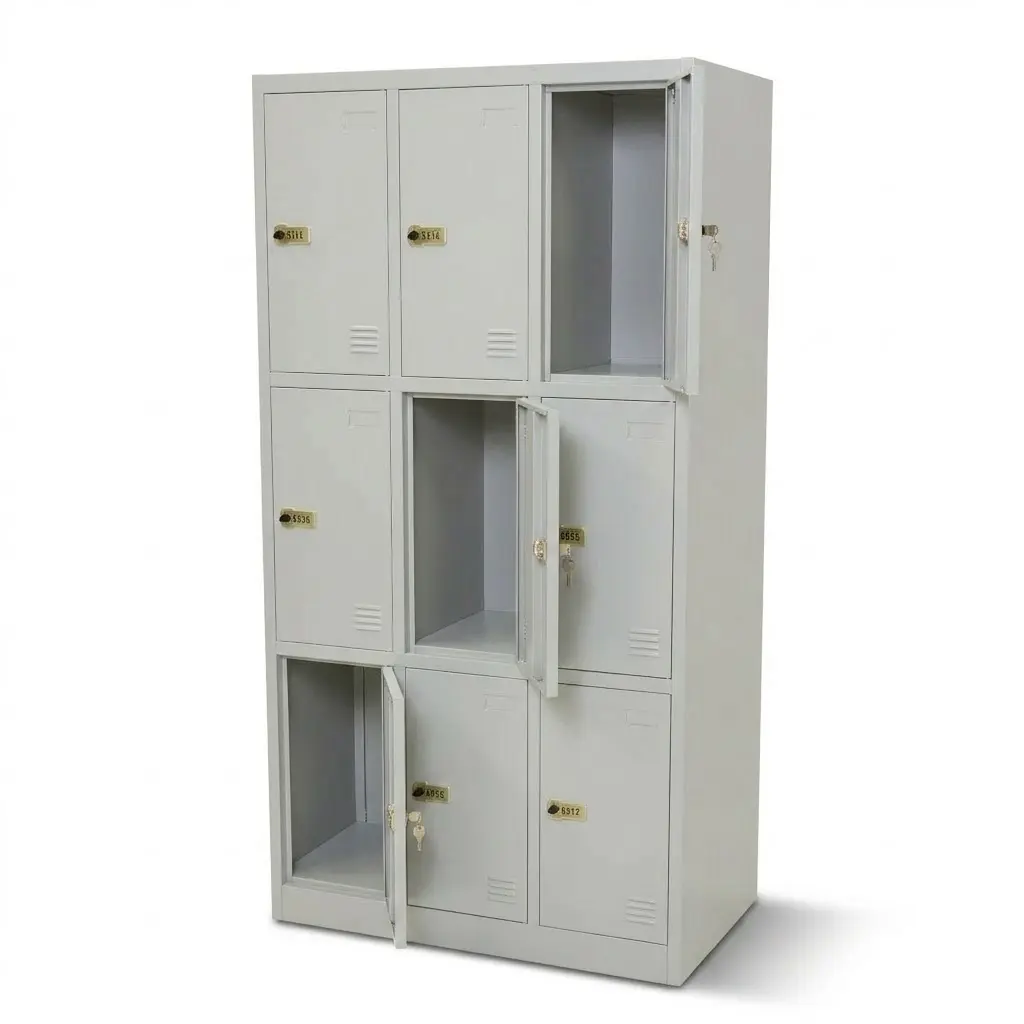 Flatpack 9 deurs locker schuin aanzicht open deuren RAL 7035.webp