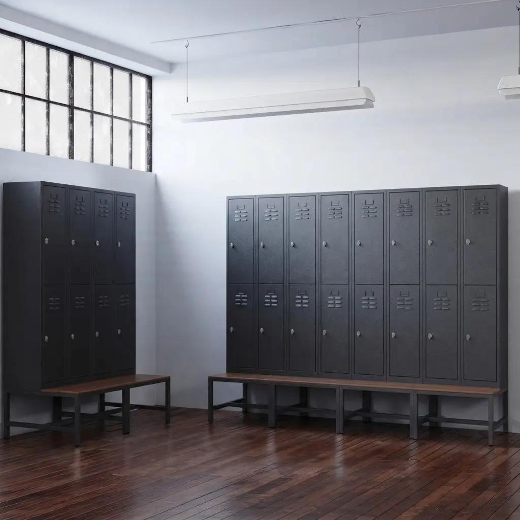 Loxmet locker 4 deurs met bankje in zaal.webp