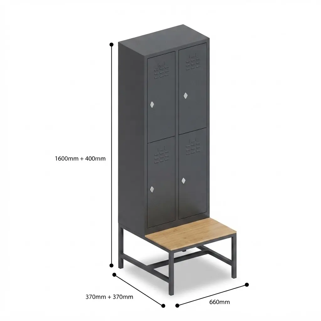 Locmet locker 4 deurs met bankje zijkant met afmetingen.webp